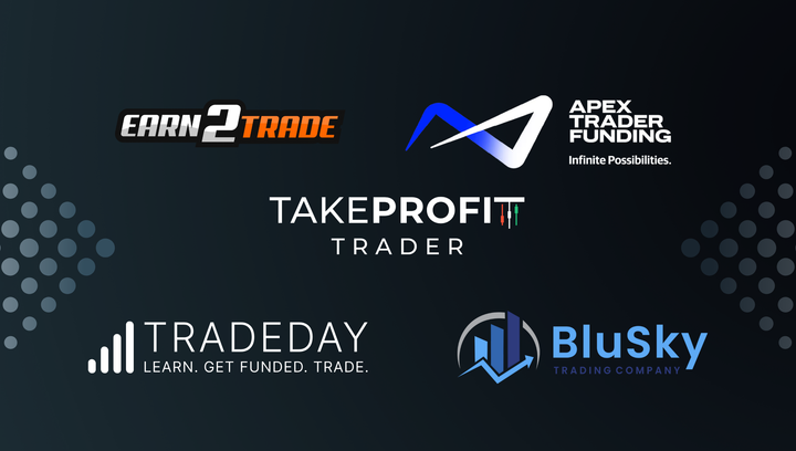 Poster showing logos from prop firms Earn2Trade, Take Profit Trader, TradeDay, BluSky, and Apex Trader Funding