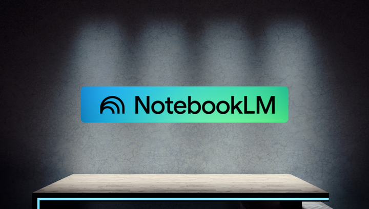 notebooklm logo hovering over a desk with blue and green gradient accents