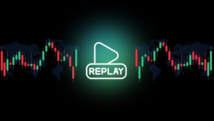 black background with stock chart candles and the text 'bar replay'