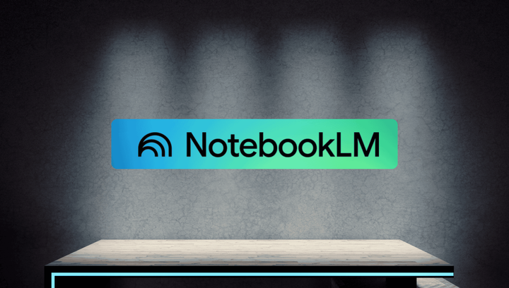 notebooklm logo hovering over a desk with blue and green gradient accents