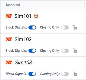 The Account column for three accounts, each with Block Signals and Closing Only switches and a lock icon.