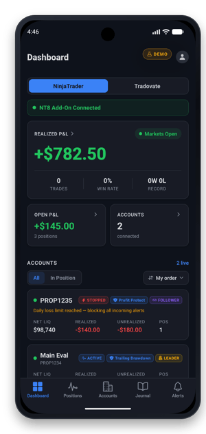 The CrossTrade app Dashboard on NinjaTrader: NT8 Add-On Connected, realized P&L, open P&L, connected accounts and the account list