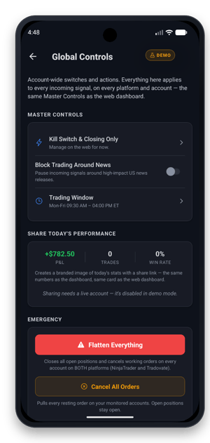 Global Controls: master controls, Block Trading Around News, share today's performance, Flatten Everything and Cancel All Orders