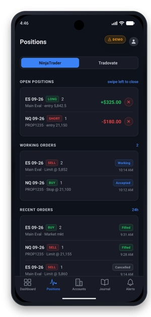The Positions screen: open positions with entry and P&L, working orders and recent orders