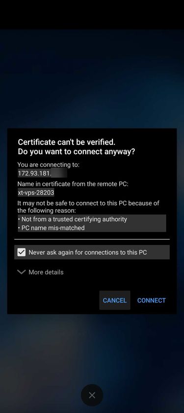 Entering the VPS username and password