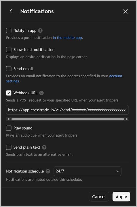 TradingView's alert Notifications panel with Webhook URL checked and a CrossTrade webhook URL in the field
