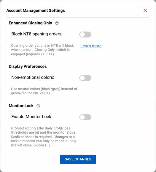 The Account Management Settings window, opened from the Settings button, with switches for Block NT8 opening orders, Non-emotional colors, and Enable Monitor Lock