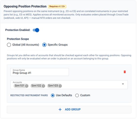 The Opposing Position Protection settings with account groups and restricted instrument pairs