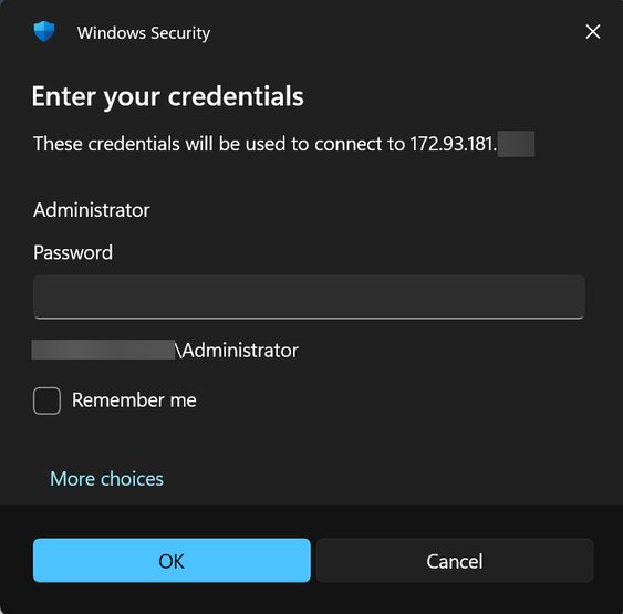 The Windows sign-in screen on the VPS