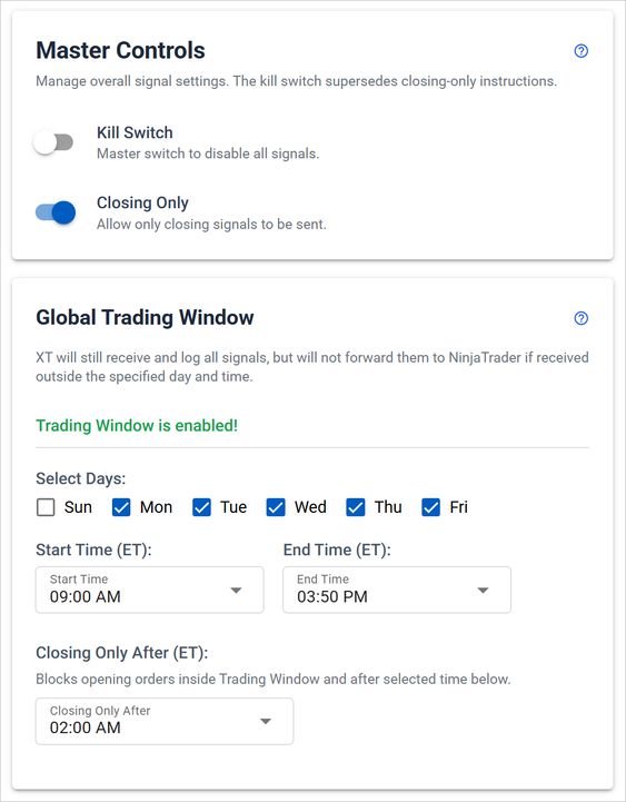 The Master Controls panel showing the Kill Switch, Closing Only switch, and Trading Window settings