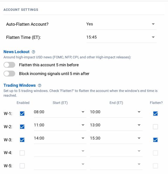 The Account Settings column of the monitor editor: End-of-Day Flattening set to Yes with a flatten time, the News Lockout switches, and five trading window rows, three of them enabled