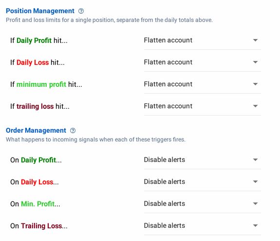 The Position Management and Order Management sections of the monitor editor, with the alert options Disable alerts, Allow closing only, and Do nothing.