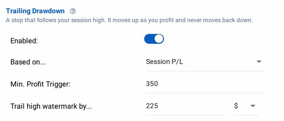 The Trailing Drawdown section of the monitor editor, enabled and based on Session P/L, with a Min. Profit Trigger and a dollar trail below the high watermark.