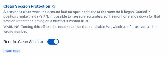 The Clean Session Protection block under Safety Features in the monitor editor, with the Require Clean Session switch on.