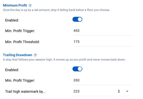 The Minimum Profit and Trailing Drawdown sections of the Tradovate monitor editor, both enabled, with their trigger amounts and the trailing amount in dollars.