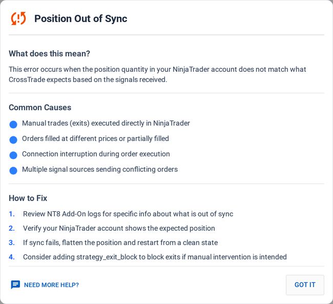 The Position Out of Sync help modal: what the warning means, its common causes, and how to fix it