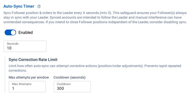 The copier editor's Account Settings, showing the Auto-Sync Timer enabled at 10 seconds, with Sync Correction Rate Limit set to 1 attempt and a 300-second cooldown.
