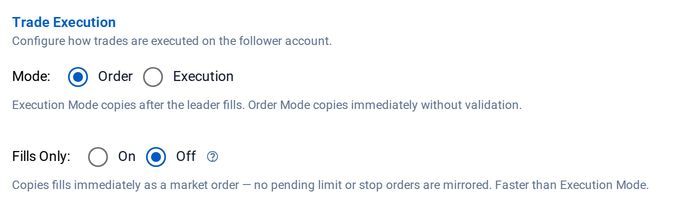 The copy mode selector showing Order and Execution modes