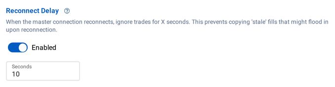 The Reconnect Delay section of the copier editor, enabled with Seconds set to 10.