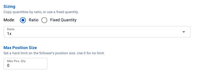 The Sizing and Max Position Size sections of the Tradovate copier editor: ratio or fixed quantity, the ratio set to 1x, and a maximum position quantity where 0 means no limit.