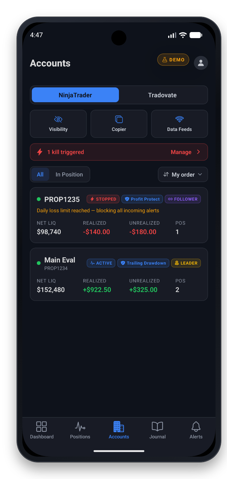 The Accounts screen: monitored accounts with status, net liquidation and P&L