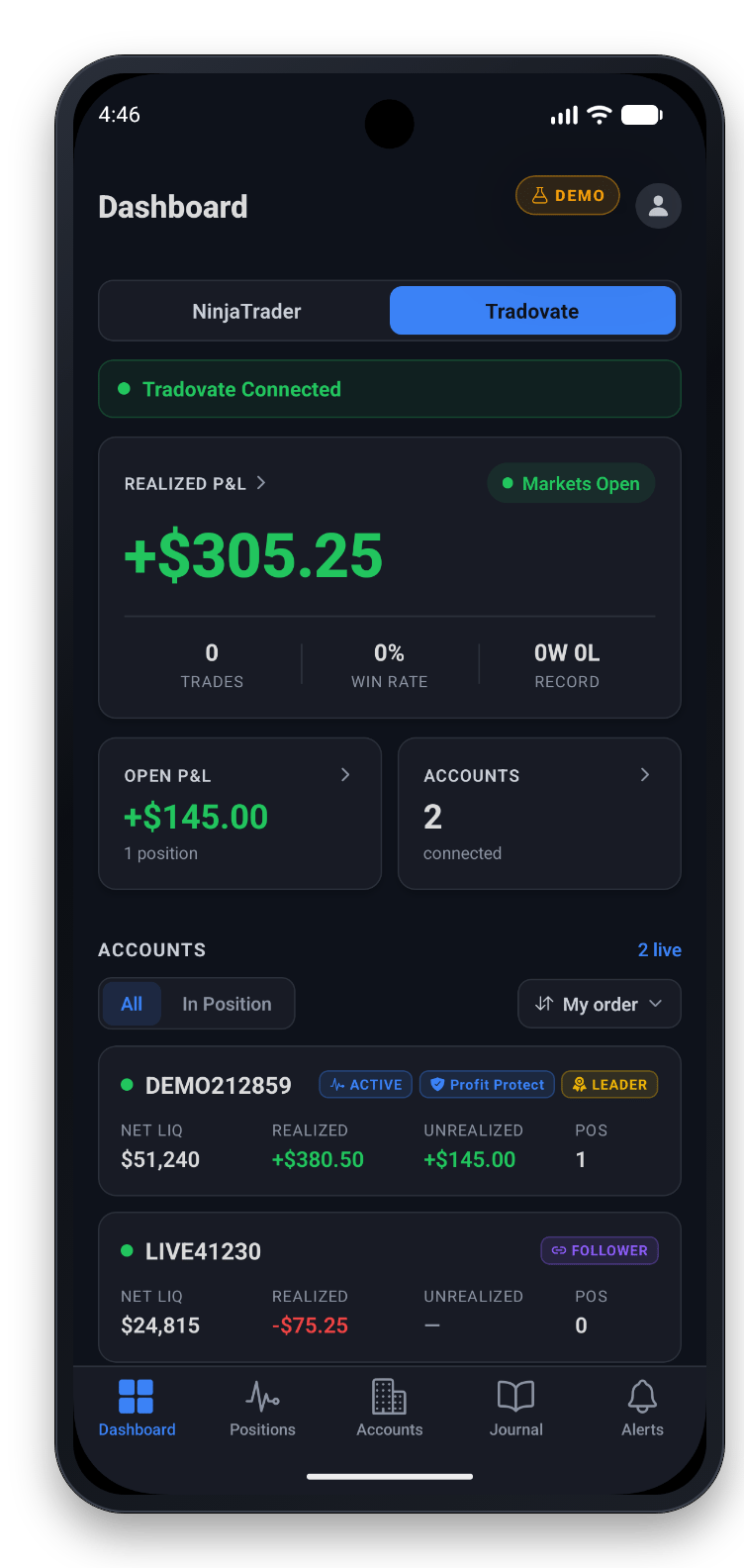 The Dashboard switched to Tradovate, with Tradovate connected and live P&L
