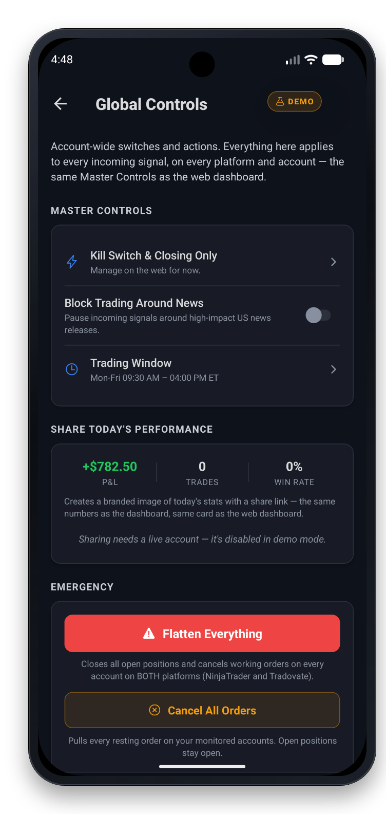 Global Controls: Flatten Everything and Cancel All Orders across every monitored account
