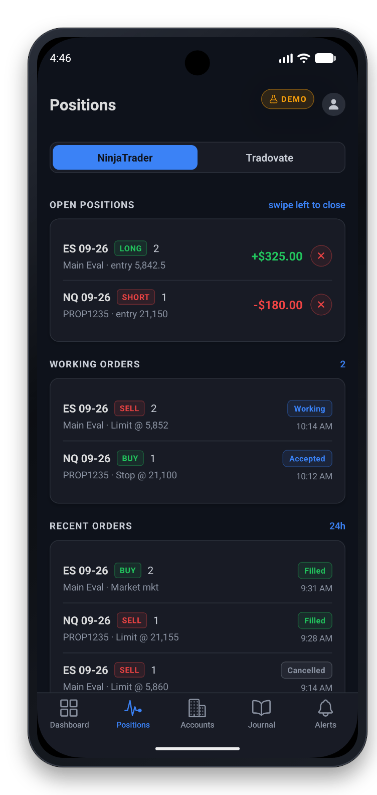 The Positions screen: open positions with their P&L, working orders and recent orders