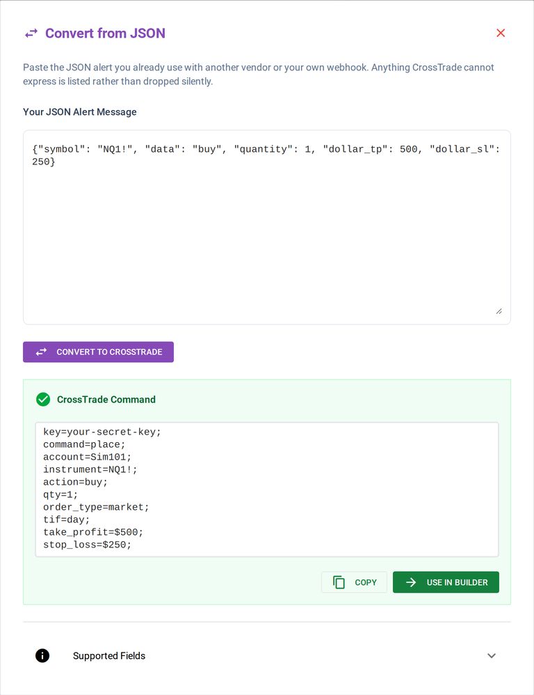 The Convert from JSON dialog: a vendor JSON alert with symbol, data, quantity, dollar_tp and dollar_sl, converted to a CrossTrade command with take_profit=$500 and stop_loss=$250