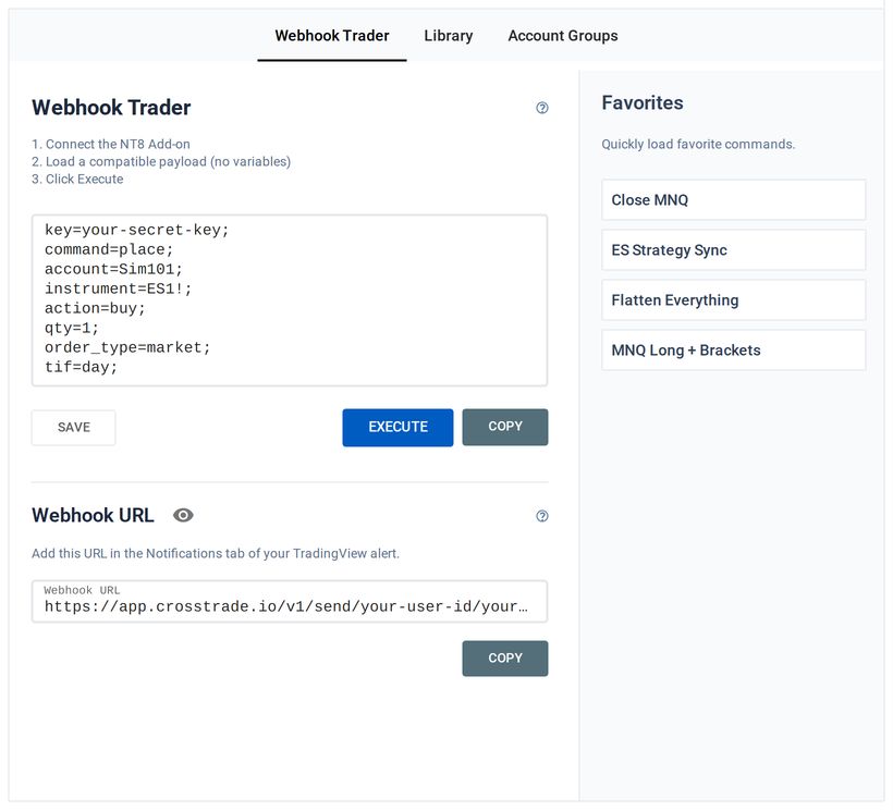 The Webhook Trader on the Webhooks page with a preloaded command, the Webhook URL below it, and the Favorites list