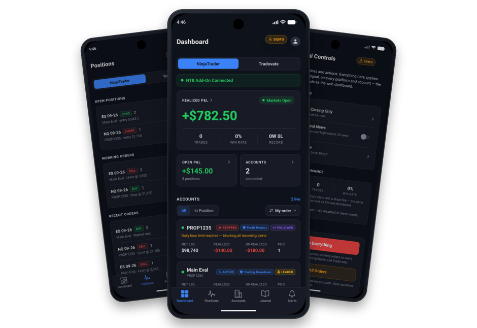 CrossTrade Mobile on Android: the Dashboard with live P&L from the NT8 Add-On, between the Positions and Global Controls screens