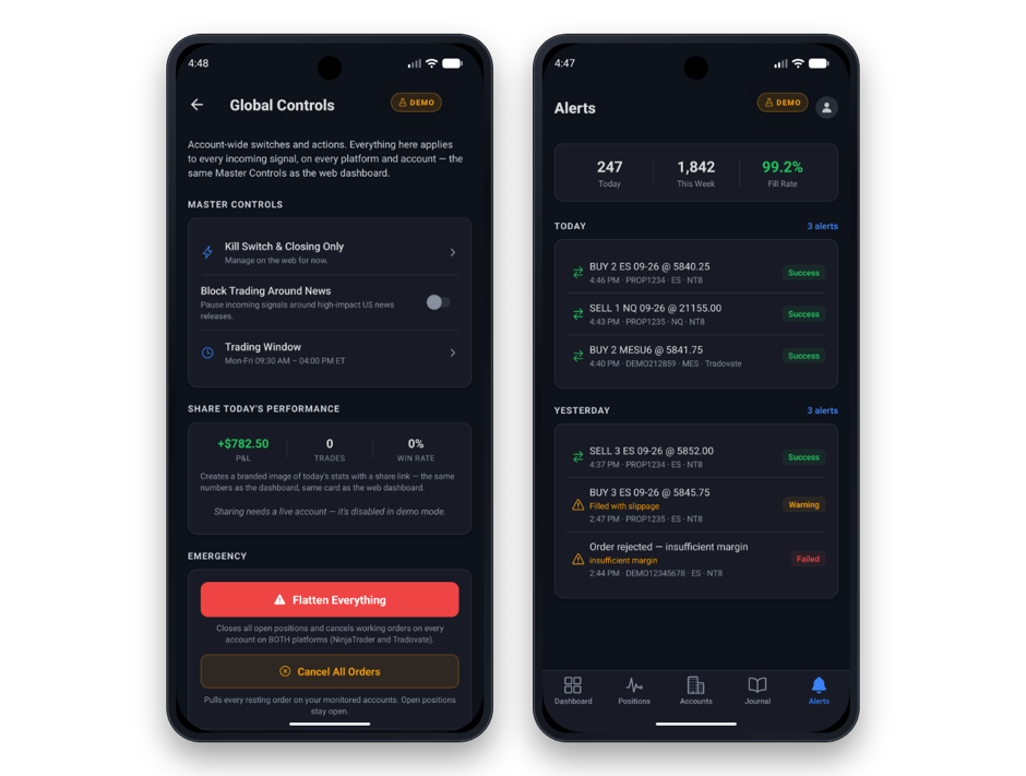 Two CrossTrade app screens: Global Controls, with Flatten Everything and Cancel All Orders across every monitored account, and Alerts, with today's alert results