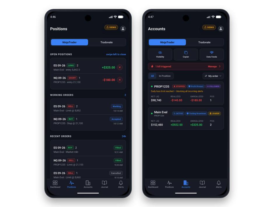 Two CrossTrade app screens: Positions, with open positions, working orders and recent orders from NinjaTrader 8, and Accounts, with each monitored account's status and P&L