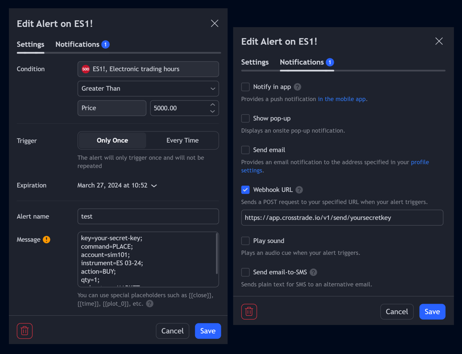 alert window for sending webhooks