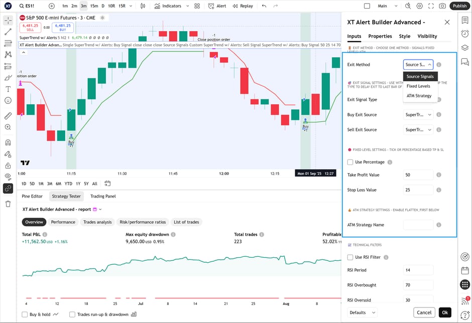 Trade management settings