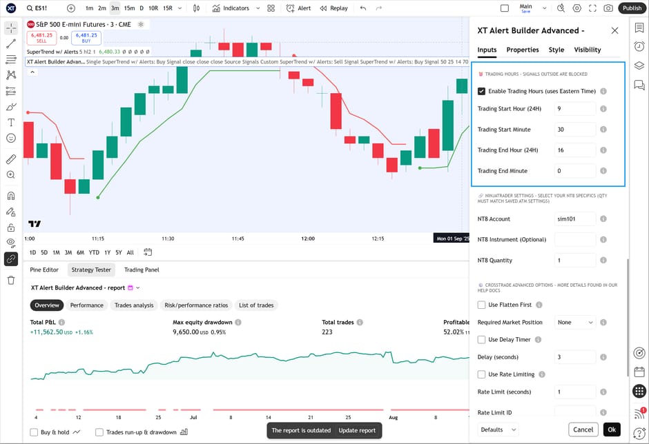 Trading hours settings