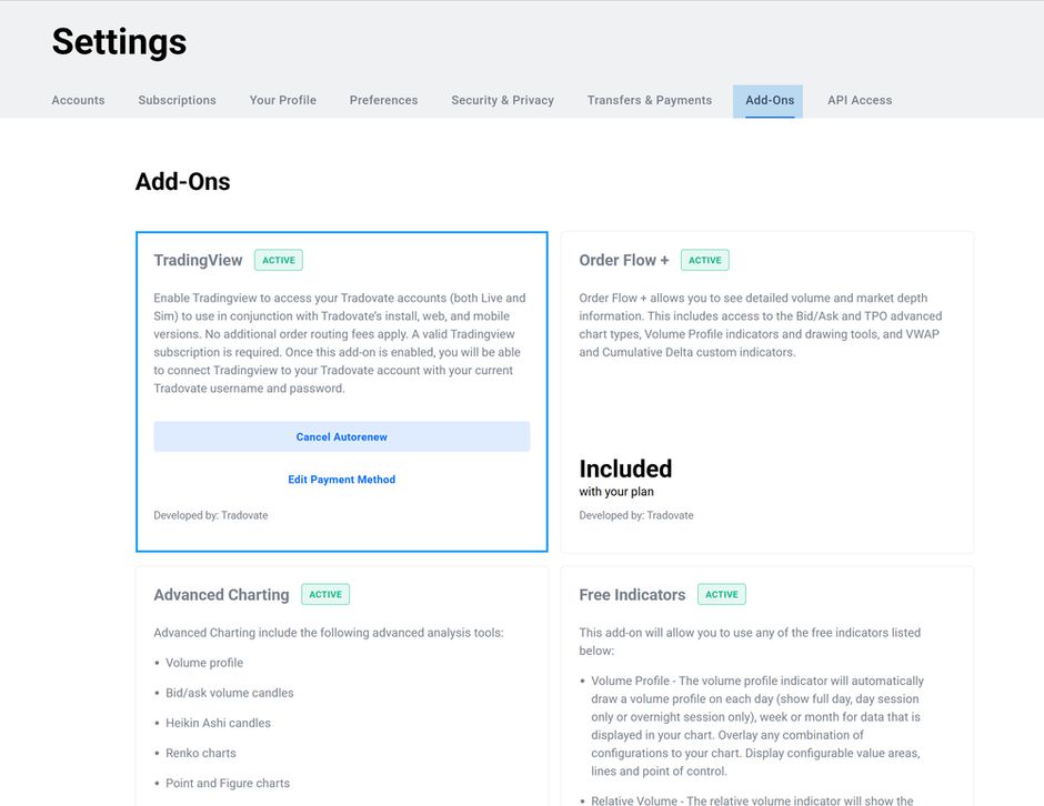 Tradovate's Settings page on the Add-Ons tab, with the TradingView add-on marked Active.