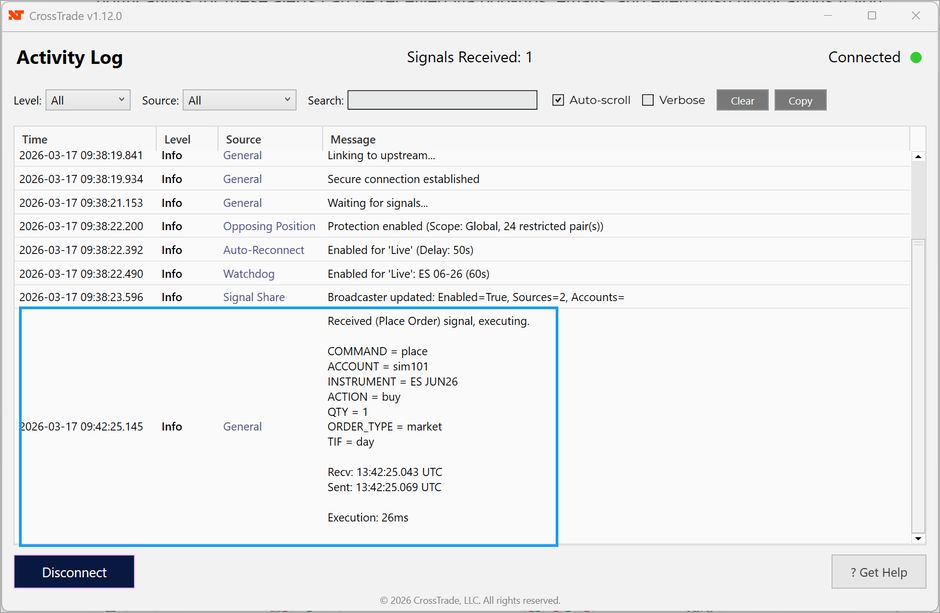 The CrossTrade add-on window in NinjaTrader listing received alerts