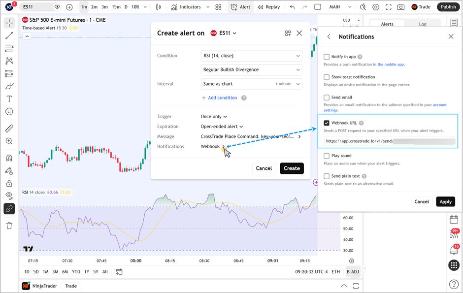 The Notifications tab of a TradingView alert with the webhook URL filled in