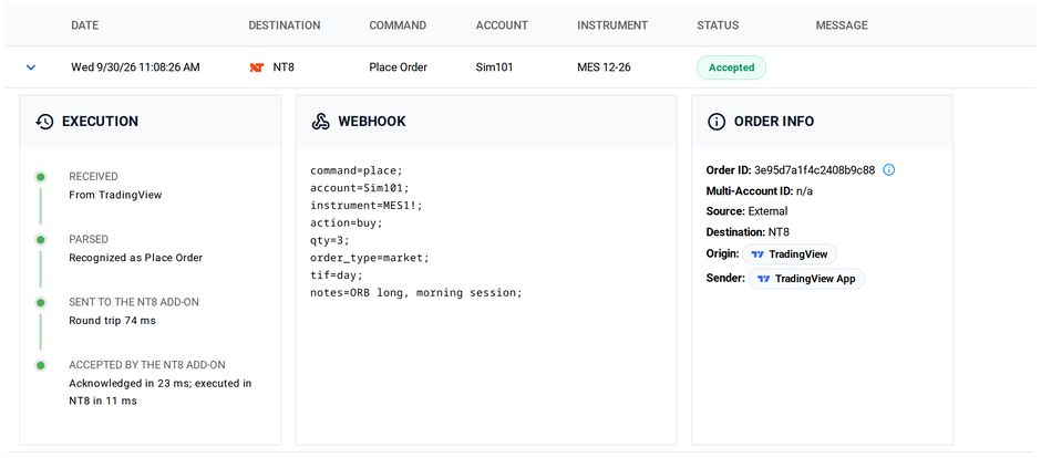 An expanded Alert History row whose webhook ends with notes=ORB long, morning session