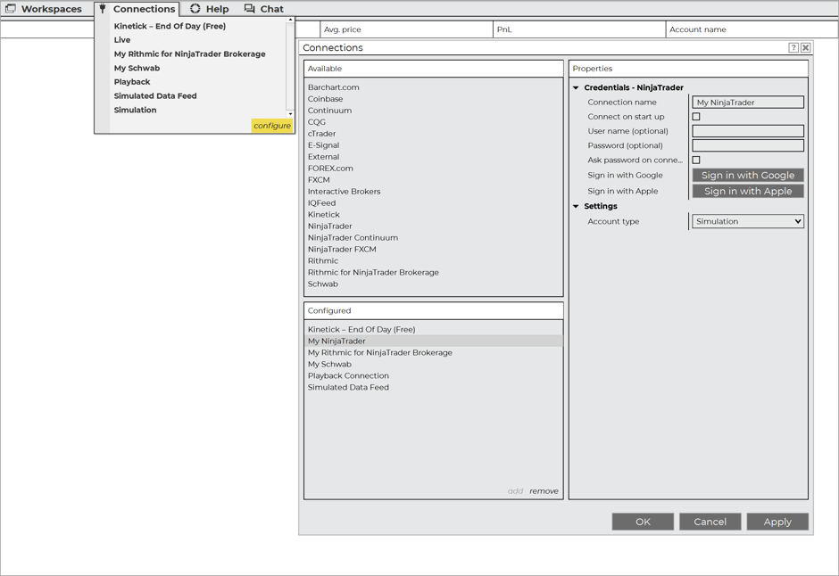 Choosing the NinjaTrader data feed connection