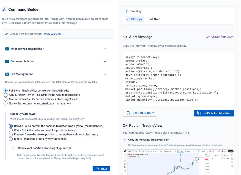 Exit Management for a strategy with Full Sync selected and Resync chosen as the out-of-sync behavior; the preview adds sync_strategy, market_position, prev_market_position, out_of_sync=resync and target_quantity