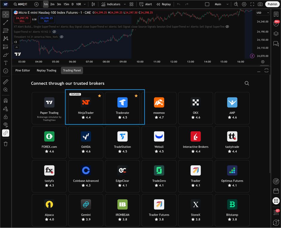 TradingView's Trading Panel broker list, with NinjaTrader and Tradovate highlighted.
