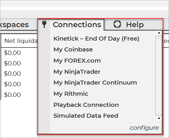 Connecting NinjaTrader to a live data feed from the Connections menu