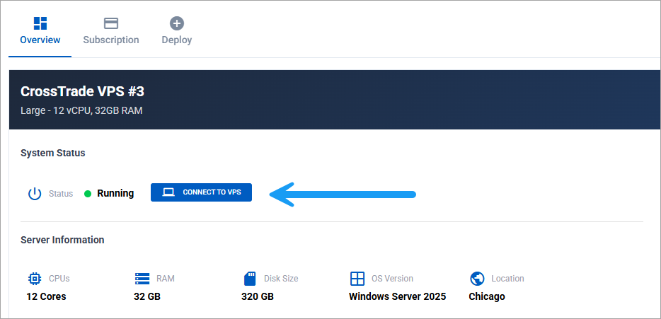 The Connect to VPS button on the CrossTrade VPS page