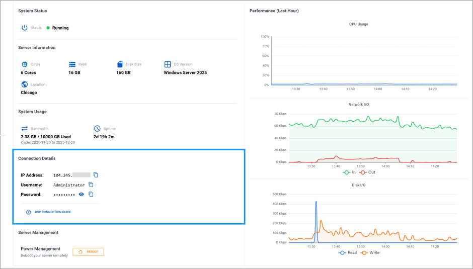 The VPS IP address and credentials shown in the dashboard