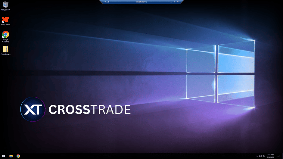 The VPS desktop with NinjaTrader 8 and the CrossTrade add-on preinstalled