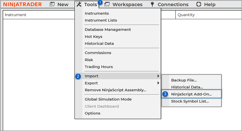 Tools menu, Import, NinjaScript Add-On