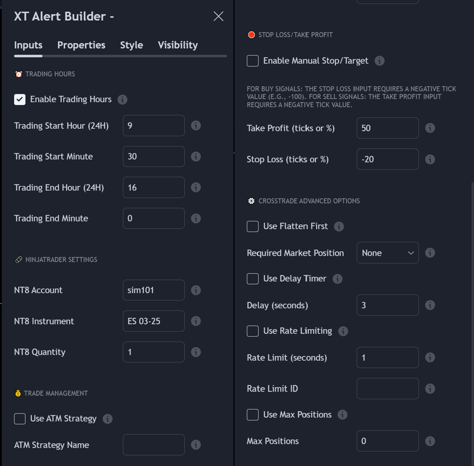 Additional XT Alert Builder input options