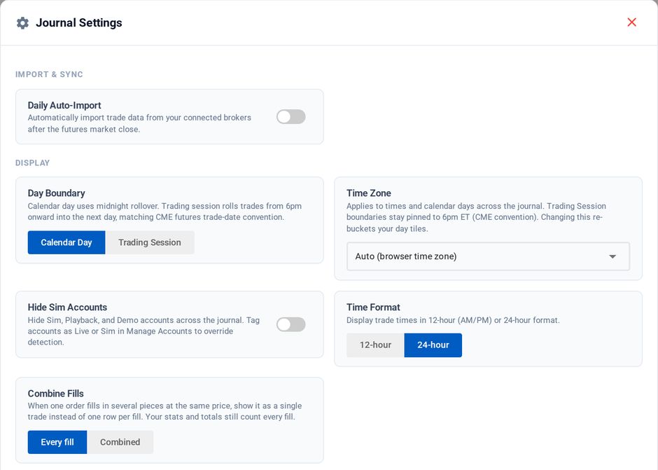 The Journal Settings modal: Daily Auto-Import under Import & Sync, then Day Boundary, Time Zone, Hide Sim Accounts, Time Format and Combine Fills under Display.